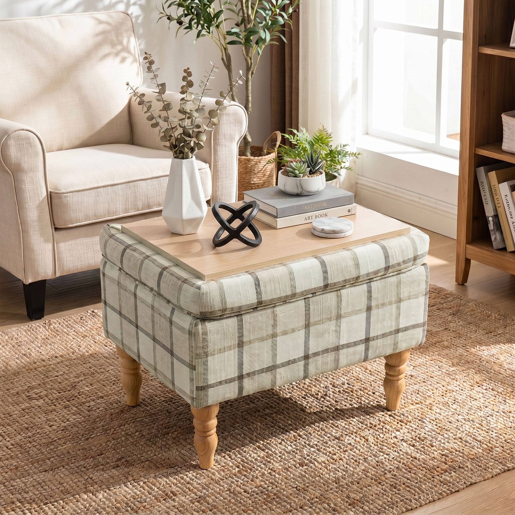 Linen Fabric Storage Ottoman 50cm Wide With Wooden Legs - Velmora