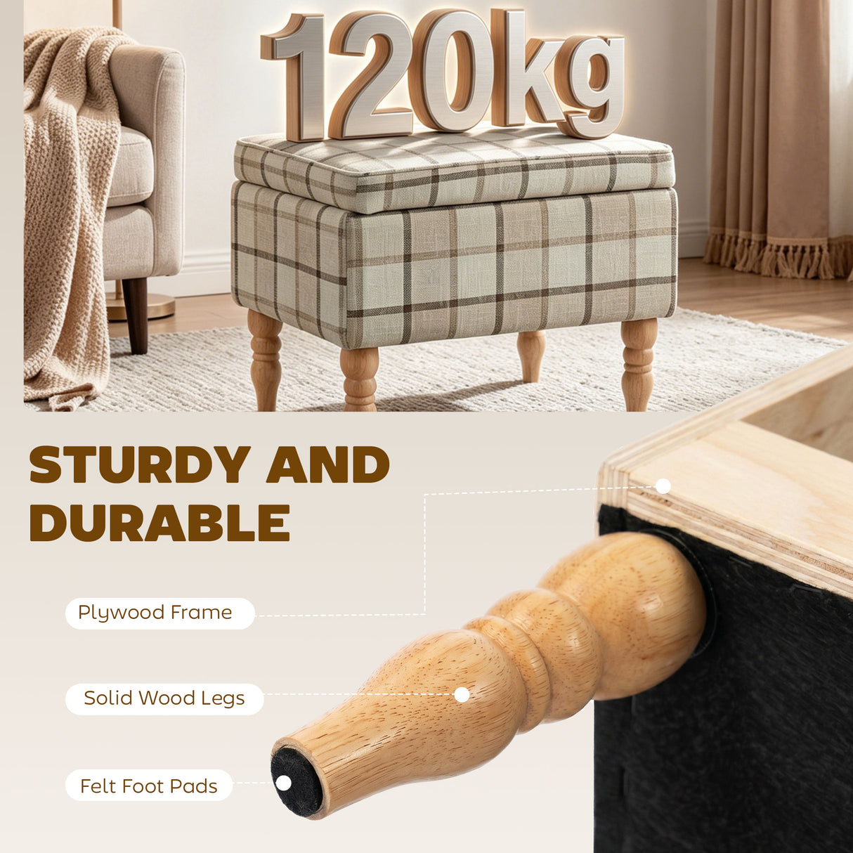 Linen Fabric Storage Ottoman 50cm Wide With Wooden Legs - Velmora