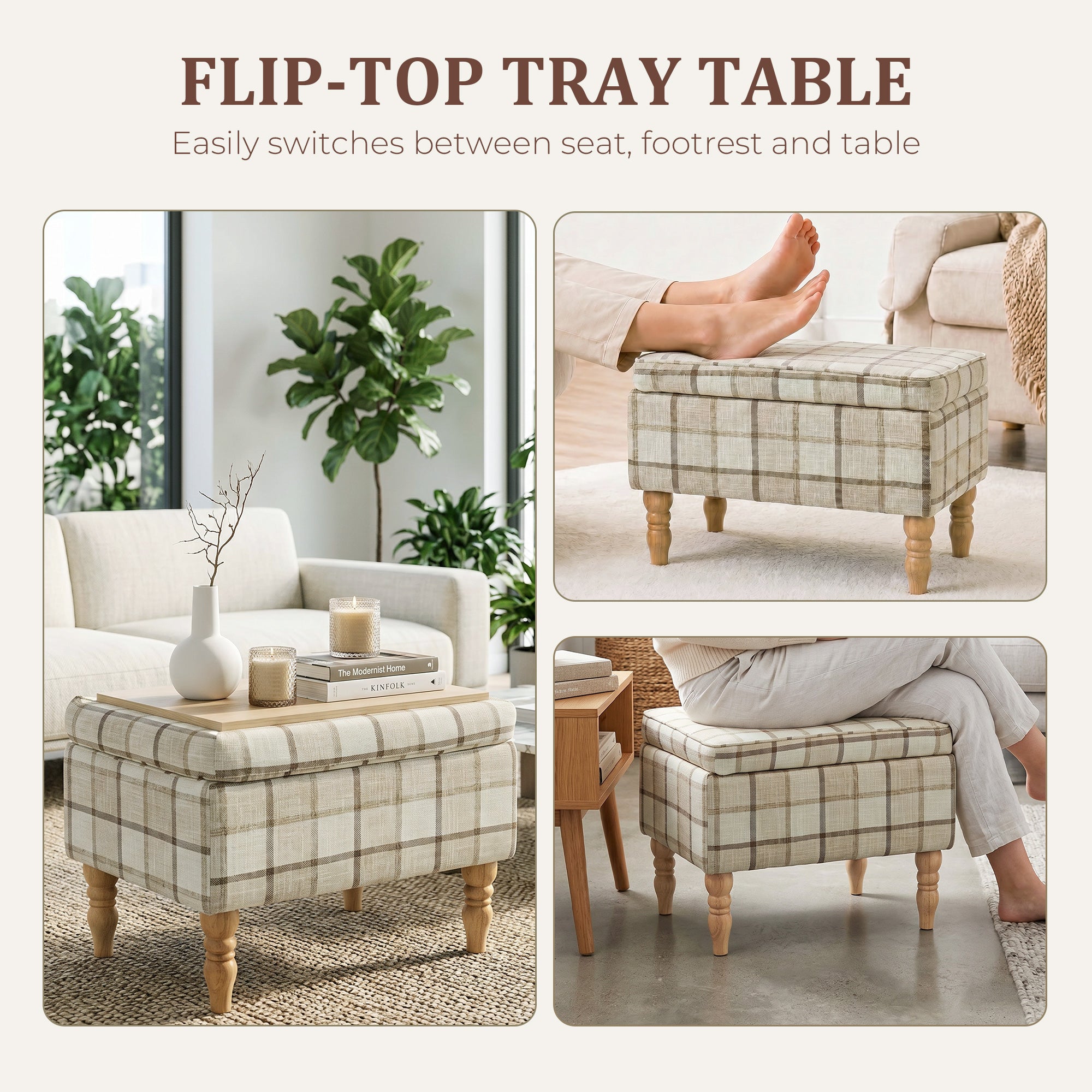 Linen Fabric Storage Ottoman 50cm Wide With Wooden Legs - Velmora
