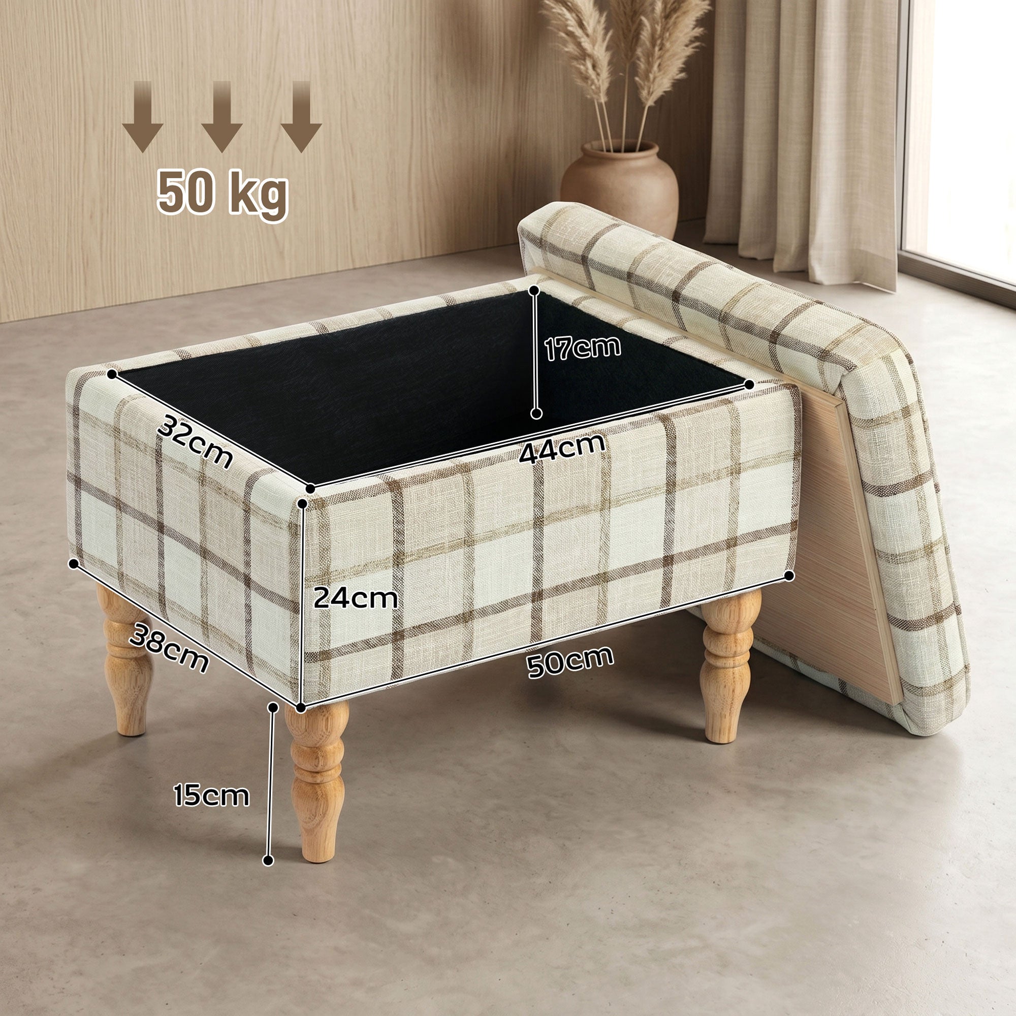 Linen Fabric Storage Ottoman 50cm Wide With Wooden Legs - Velmora