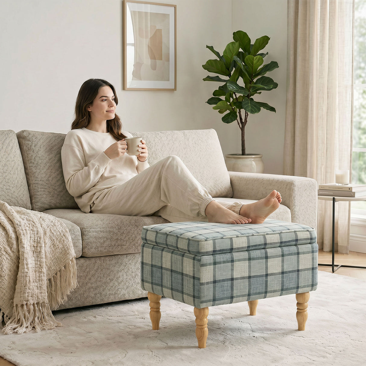 Linen Fabric Storage Ottoman 50cm Wide With Wooden Legs - Velmora