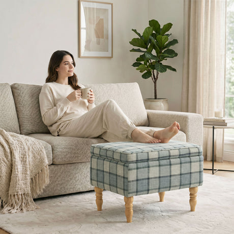 Linen Fabric Storage Ottoman 50cm Wide With Wooden Legs - Velmora