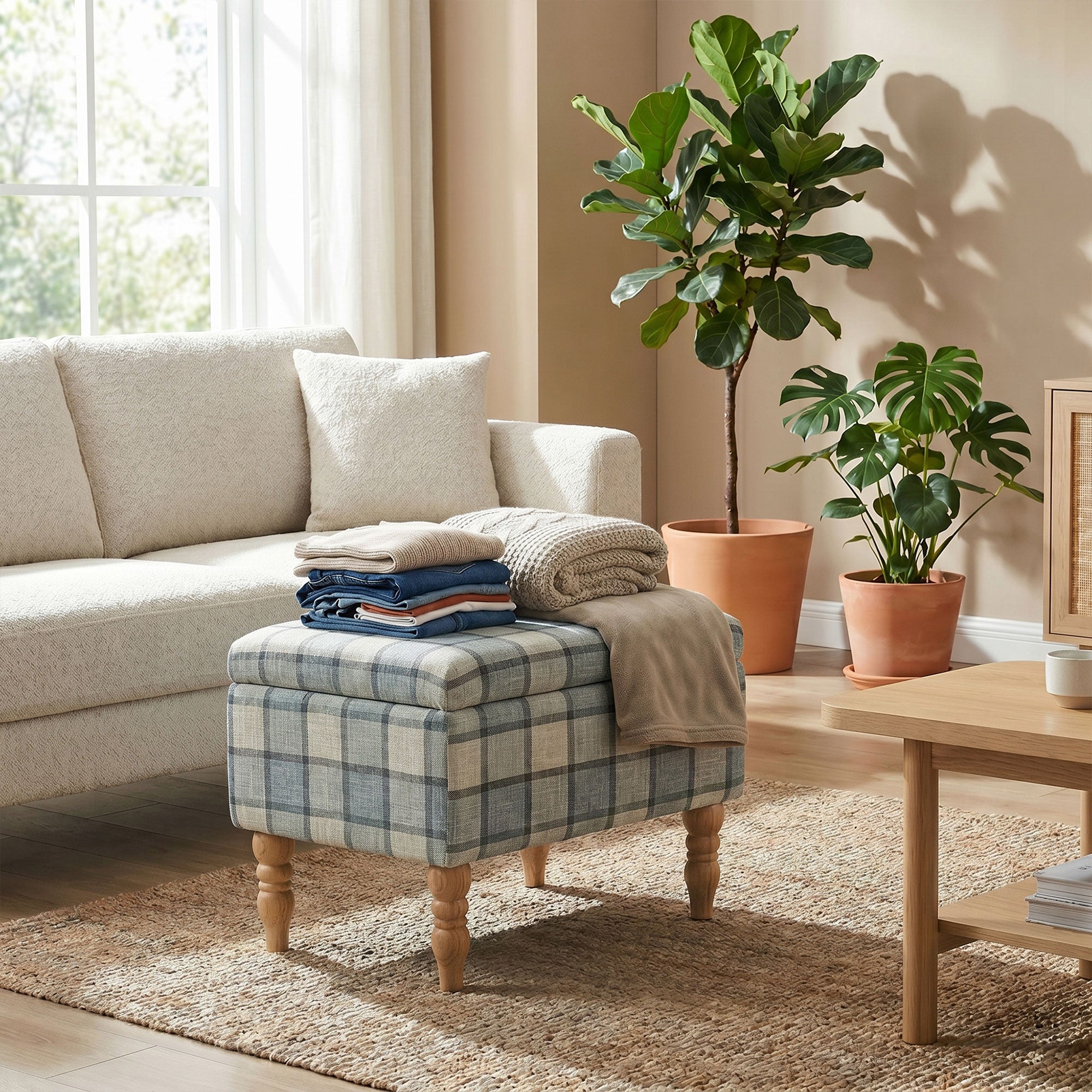 Linen Fabric Storage Ottoman 50cm Wide With Wooden Legs - Velmora