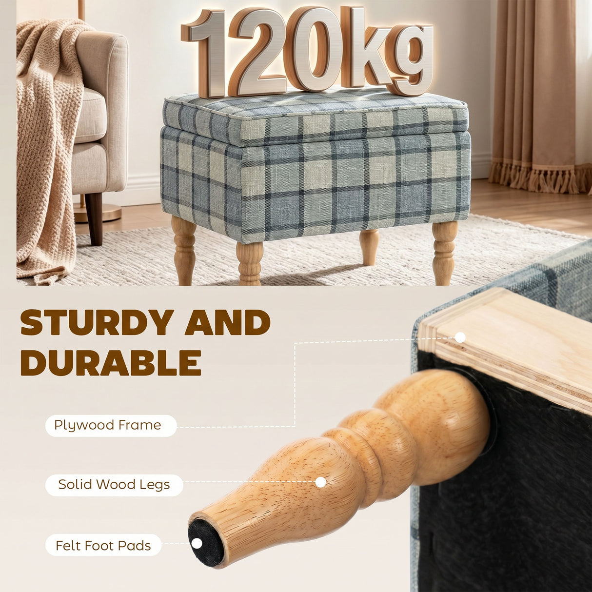 Linen Fabric Storage Ottoman 50cm Wide With Wooden Legs - Velmora