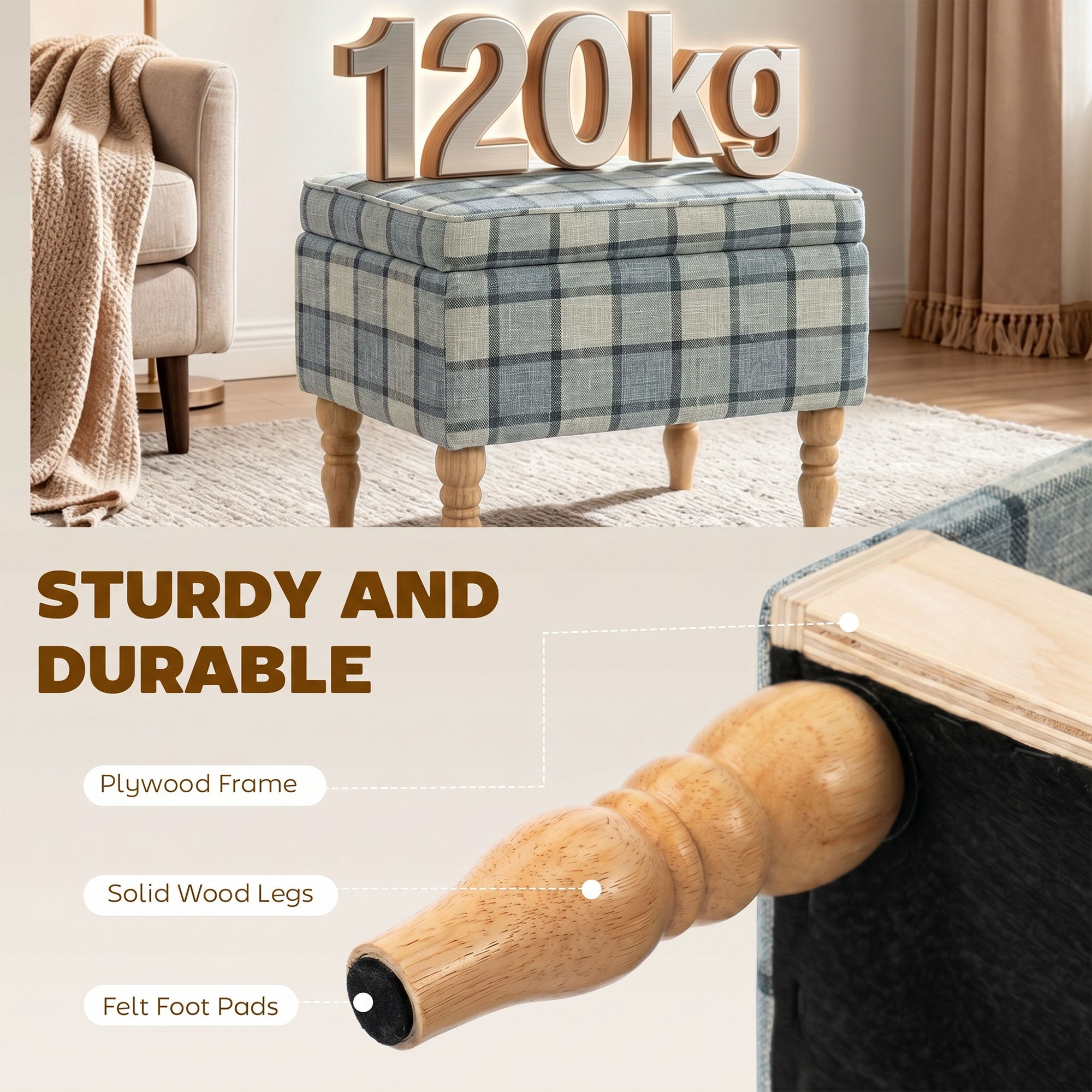 Linen Fabric Storage Ottoman 50cm Wide With Wooden Legs - Velmora