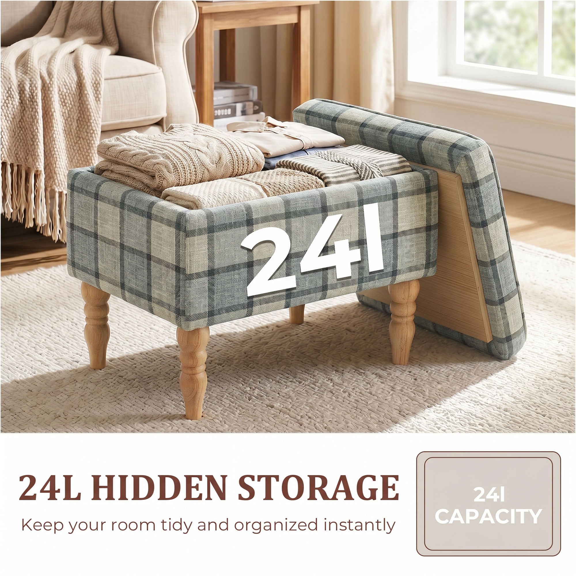 Linen Fabric Storage Ottoman 50cm Wide With Wooden Legs - Velmora
