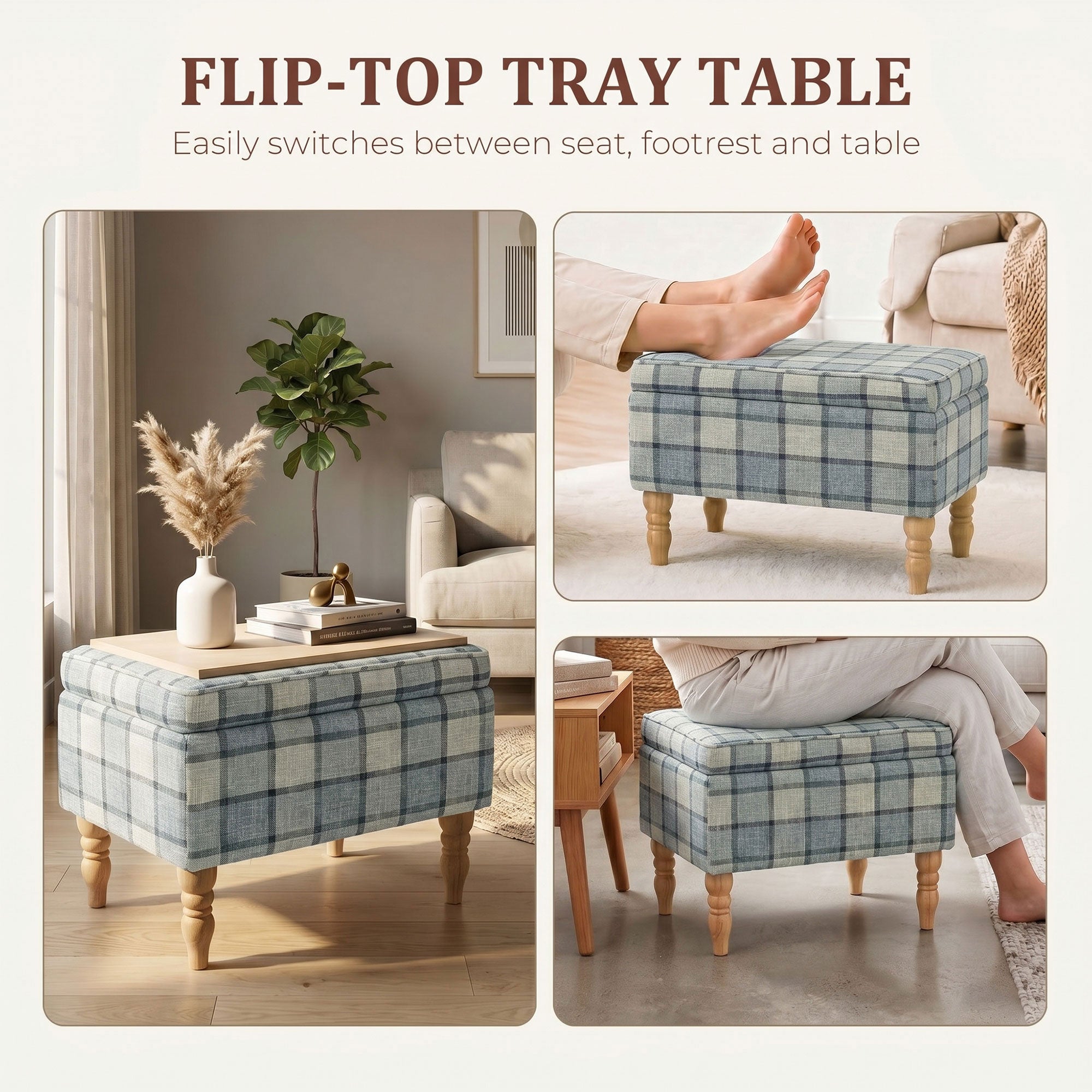 Linen Fabric Storage Ottoman 50cm Wide With Wooden Legs - Velmora