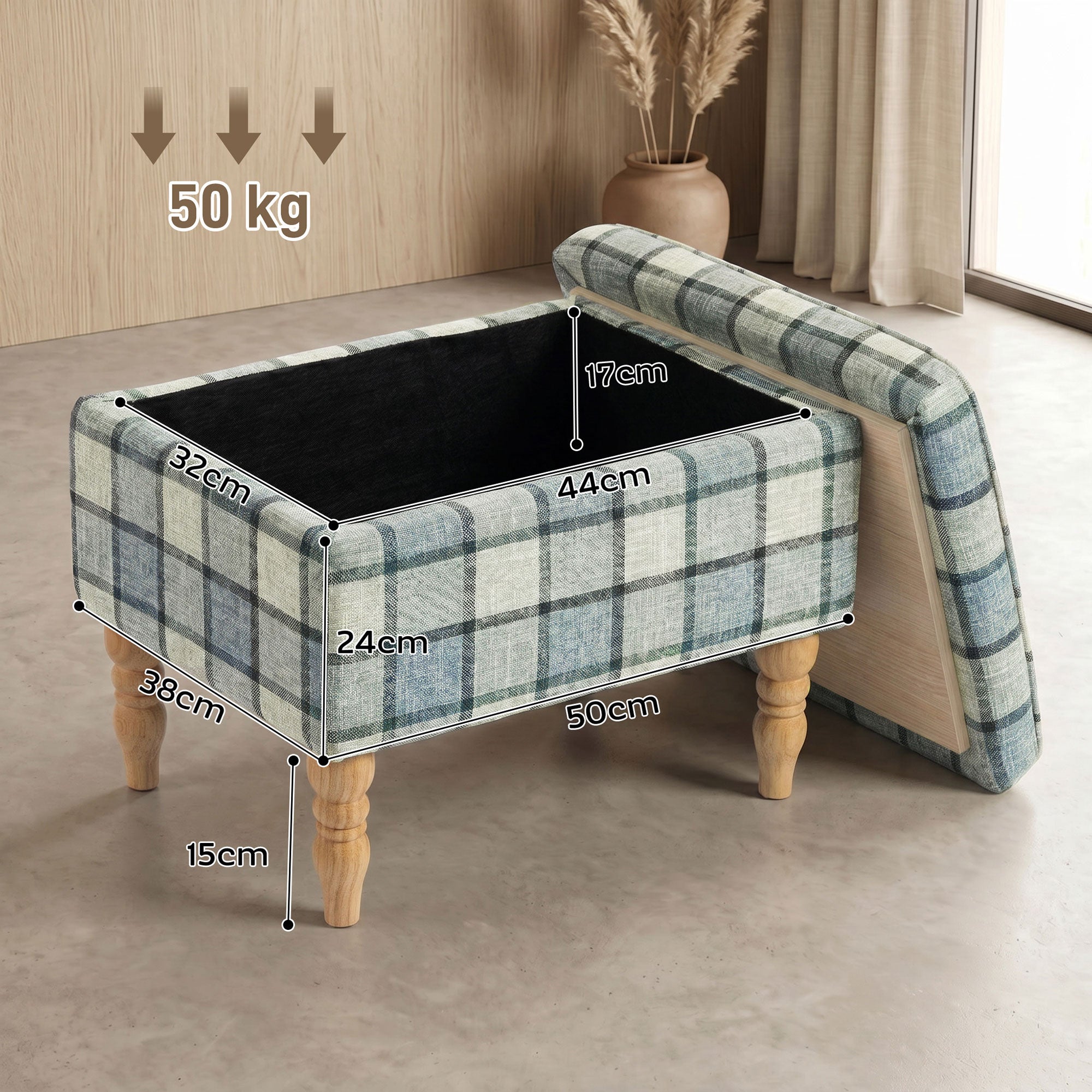 Linen Fabric Storage Ottoman 50cm Wide With Wooden Legs - Velmora