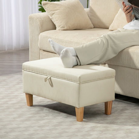 Linen Fabric Storage Ottoman 71cm Wide With Rubberwood Legs - Velmora