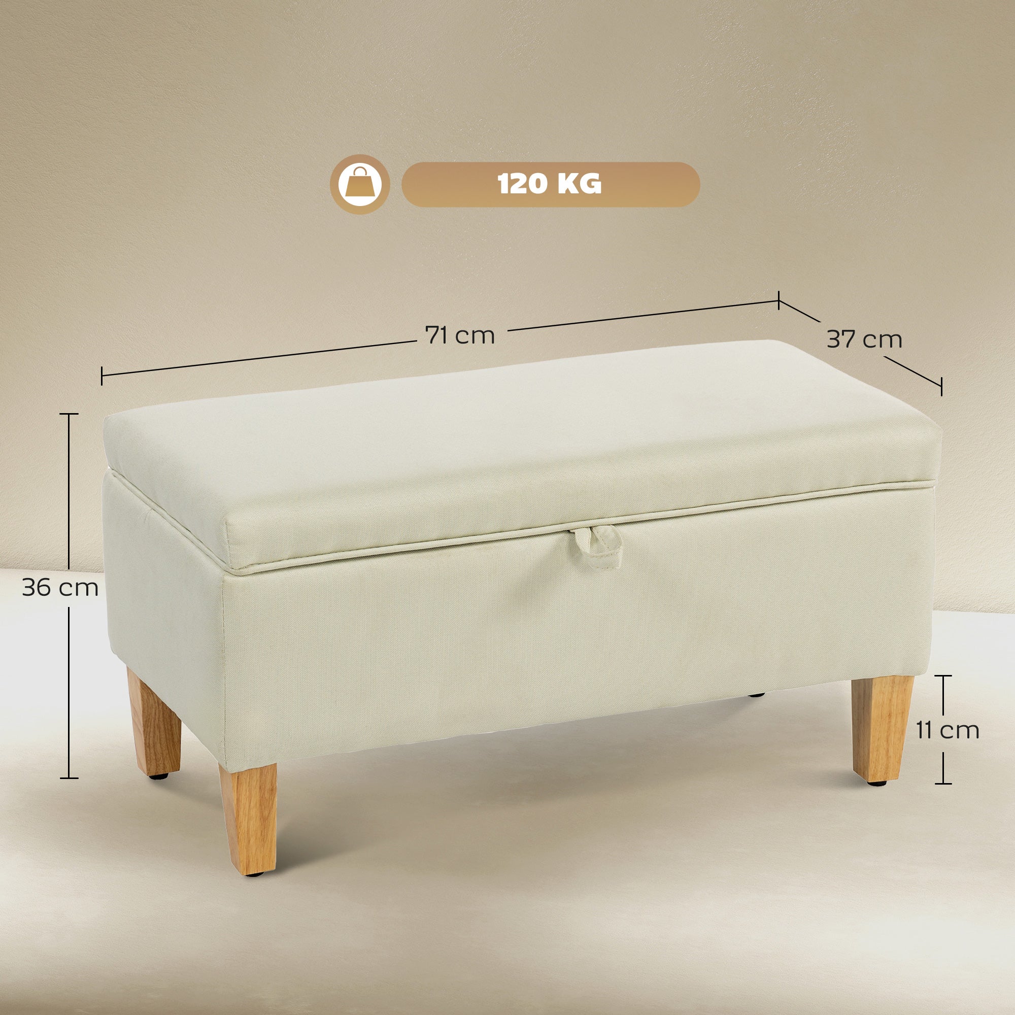 Linen Fabric Storage Ottoman 71cm Wide With Rubberwood Legs - Velmora