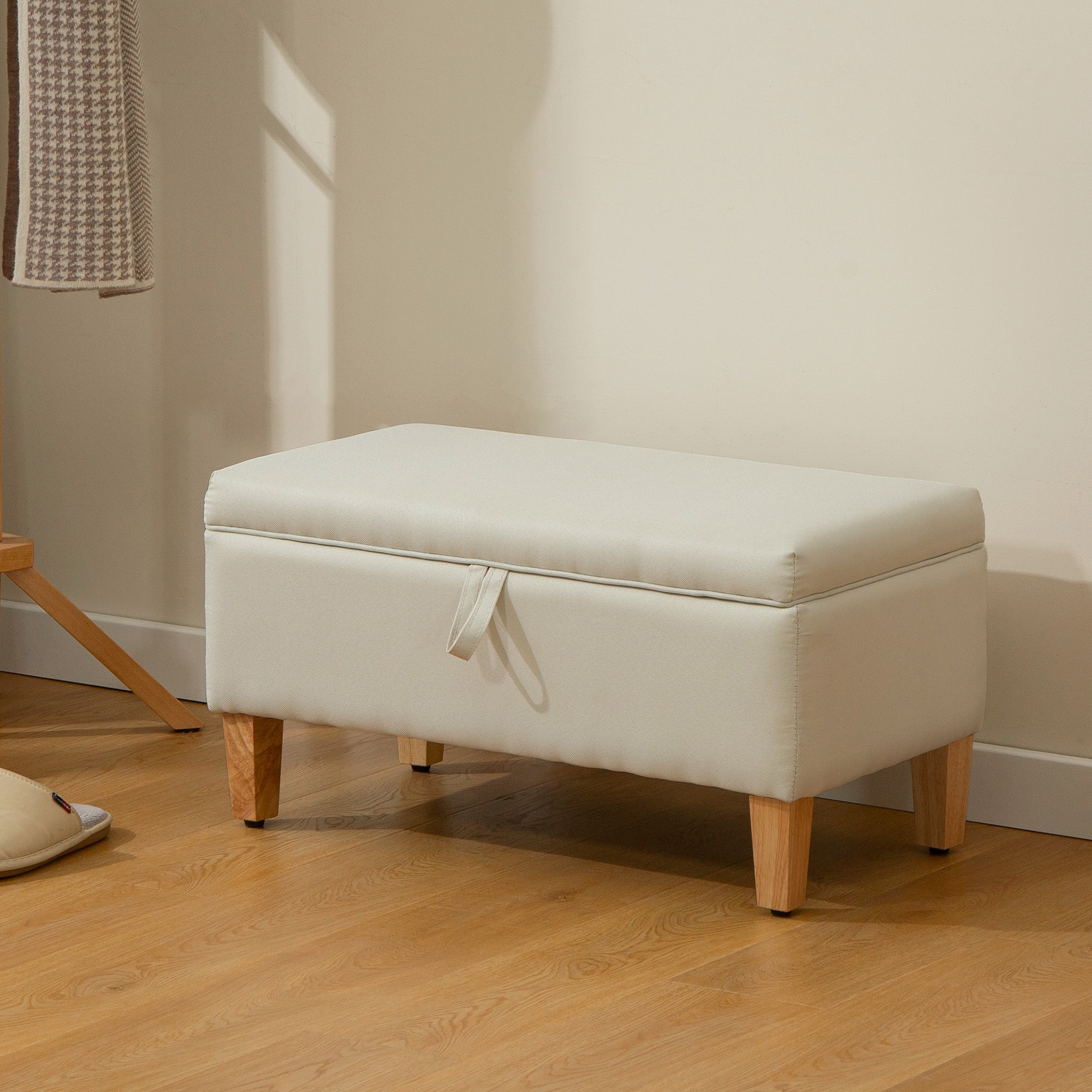 Linen Fabric Storage Ottoman 71cm Wide With Rubberwood Legs - Velmora