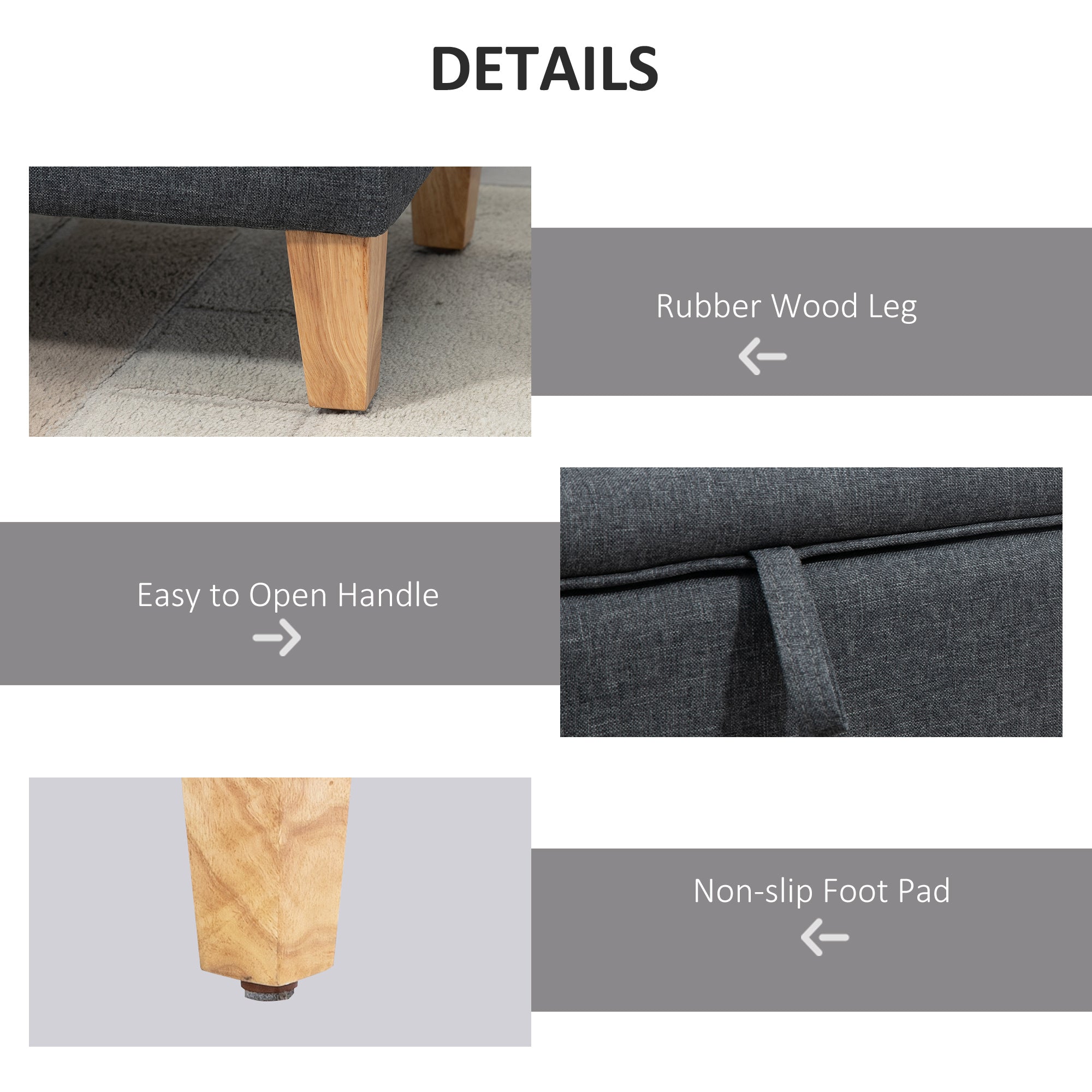 Linen Fabric Storage Ottoman 71cm Wide With Rubberwood Legs - Velmora