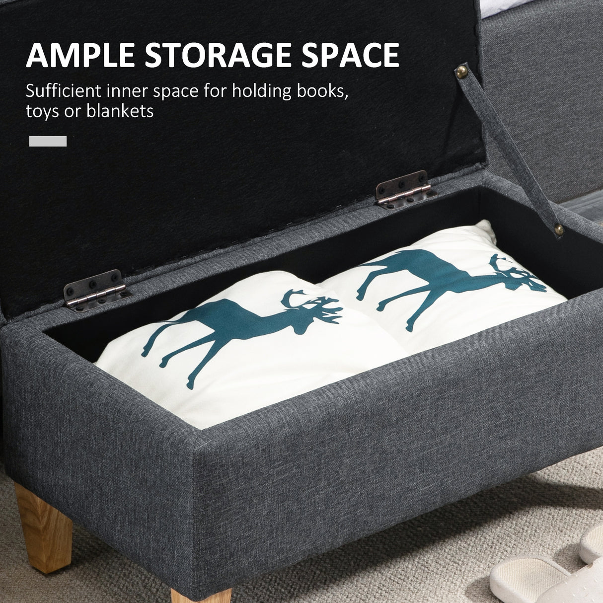 Linen Fabric Storage Ottoman 71cm Wide With Rubberwood Legs - Velmora
