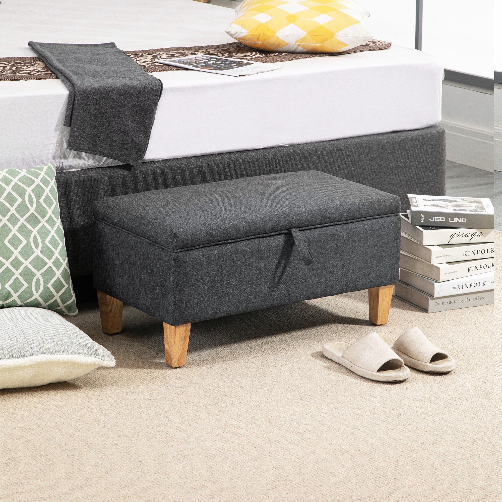 Linen Fabric Storage Ottoman 71cm Wide With Rubberwood Legs - Velmora