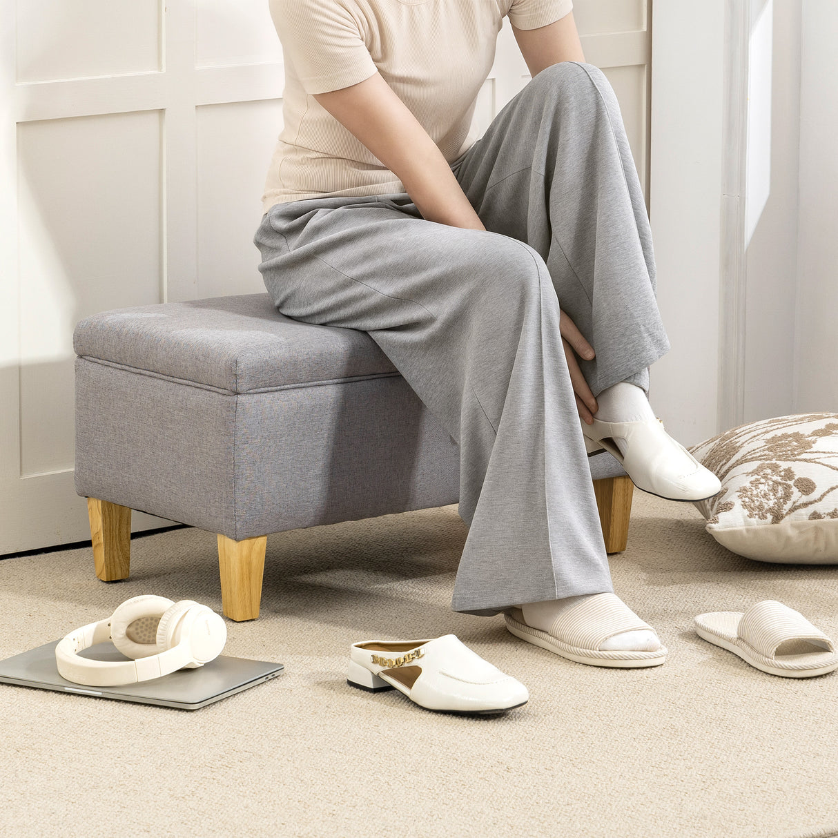 Linen Fabric Storage Ottoman 71cm Wide With Rubberwood Legs - Velmora