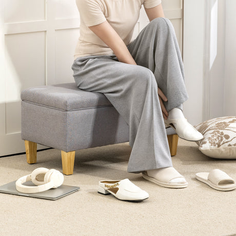 Linen Fabric Storage Ottoman 71cm Wide With Rubberwood Legs - Velmora