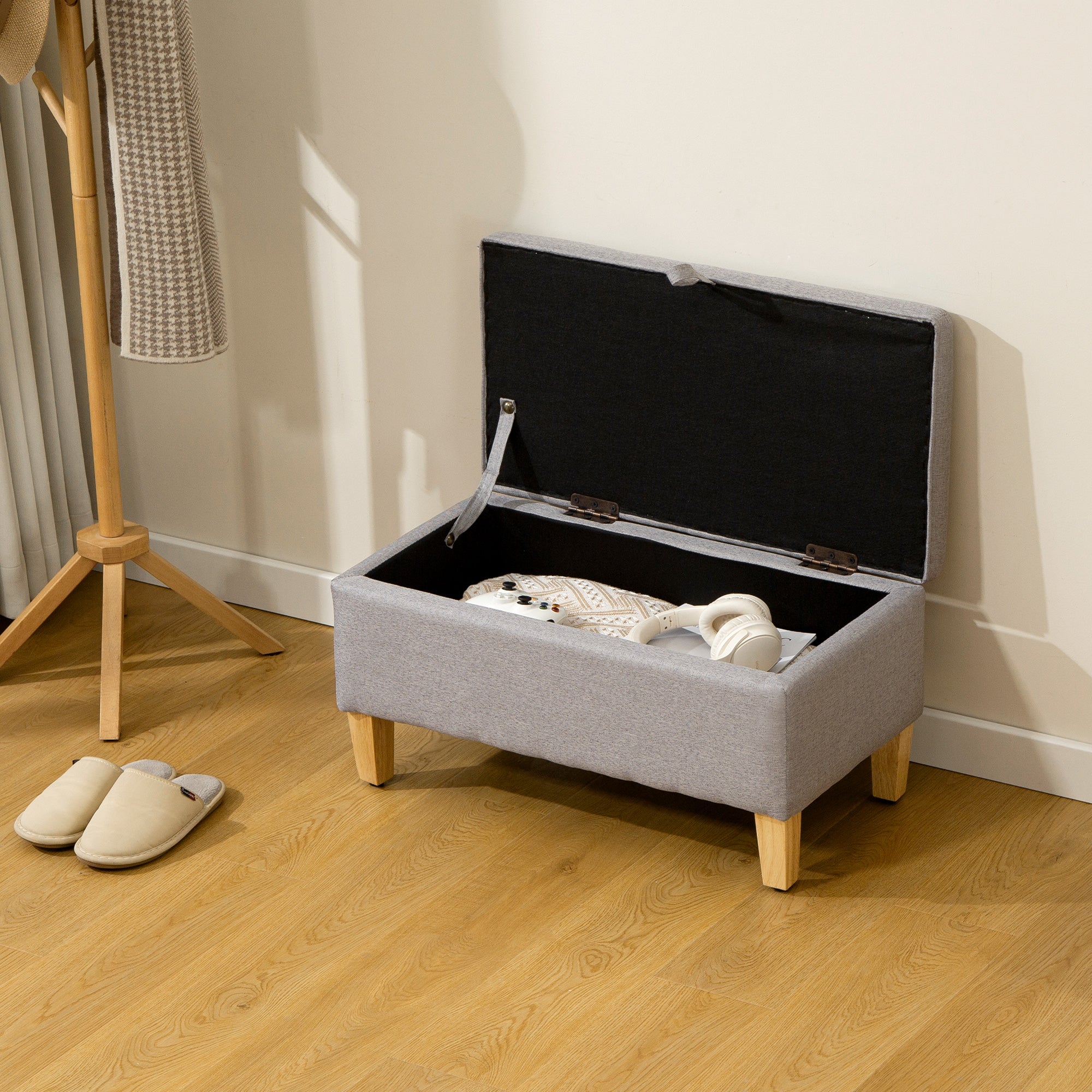 Linen Fabric Storage Ottoman 71cm Wide With Rubberwood Legs - Velmora