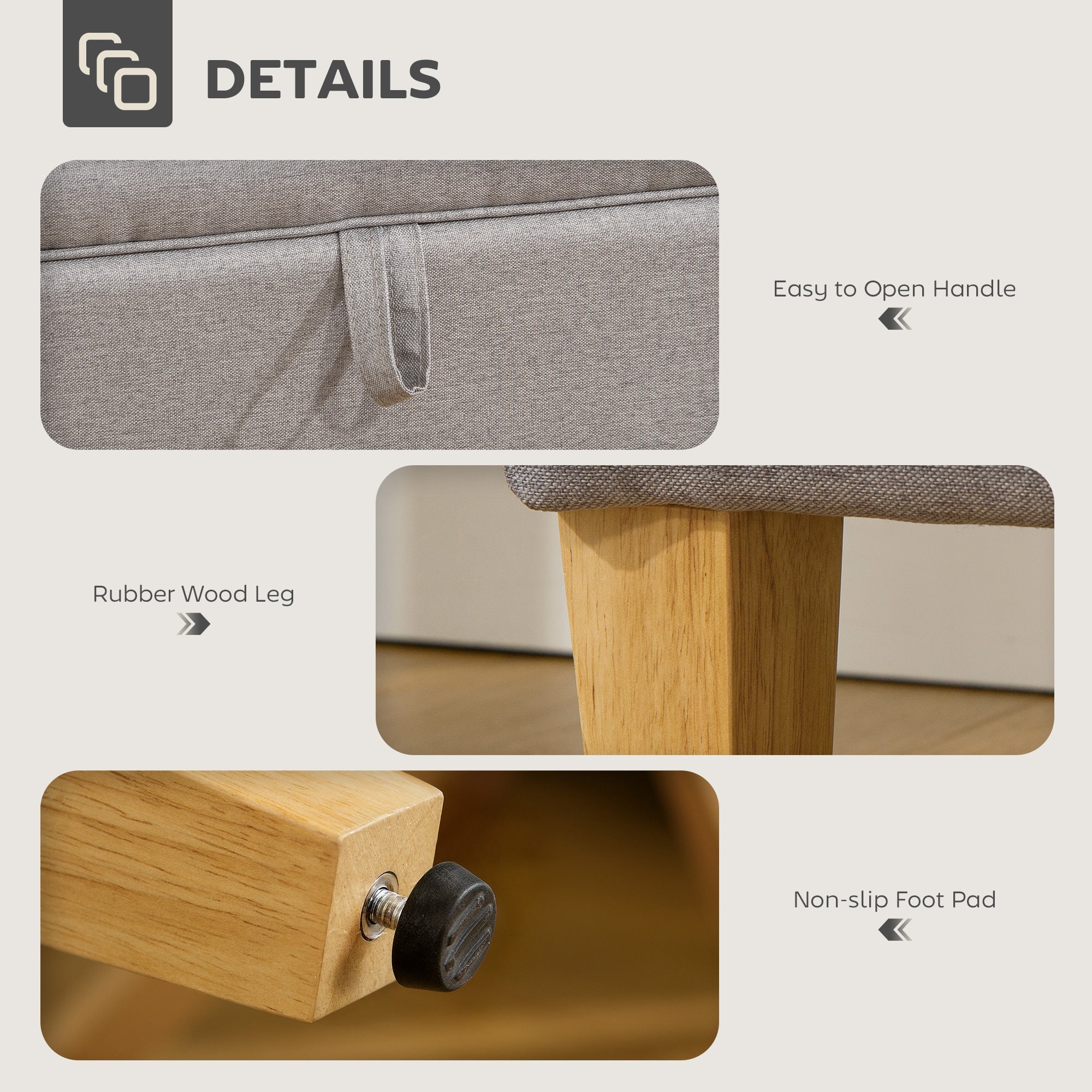 Linen Fabric Storage Ottoman 71cm Wide With Rubberwood Legs - Velmora
