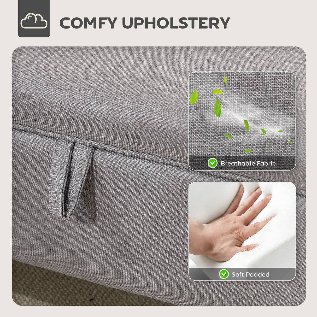 Linen Fabric Storage Ottoman 71cm Wide With Rubberwood Legs - Velmora