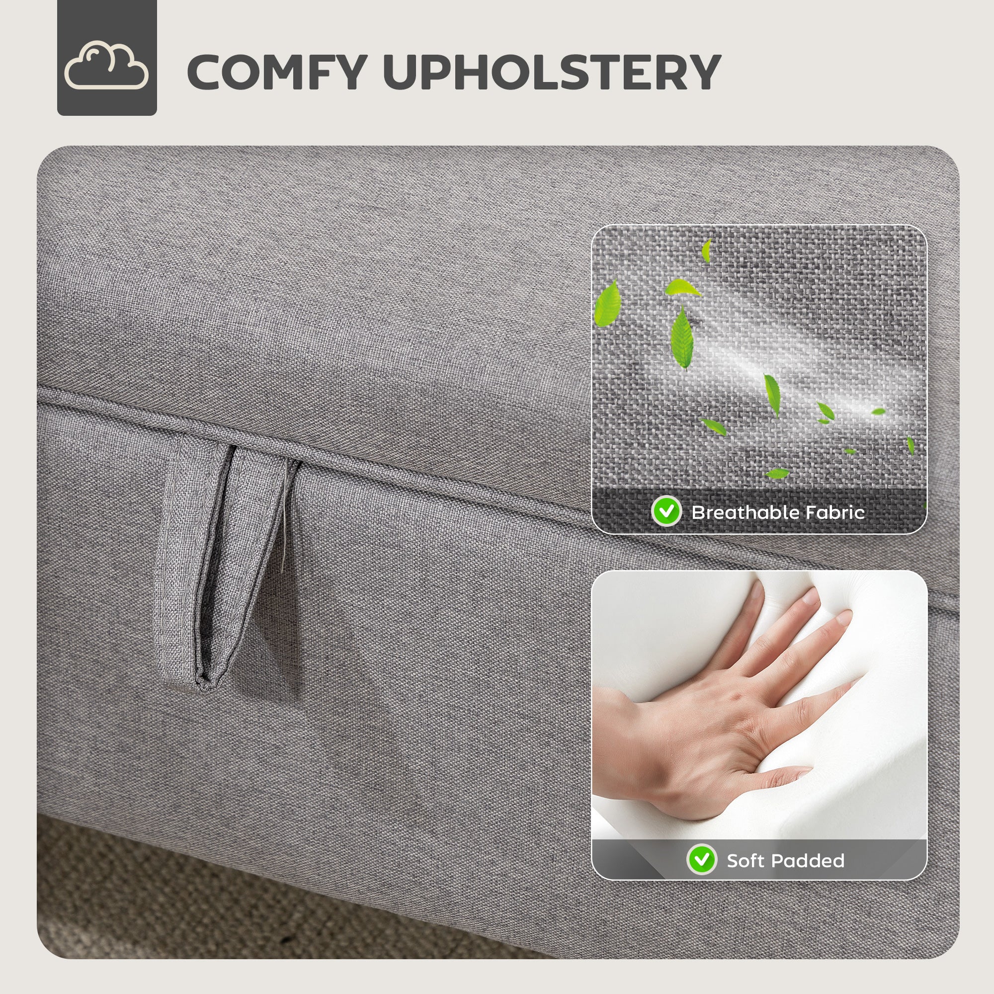 Linen Fabric Storage Ottoman 71cm Wide With Rubberwood Legs - Velmora