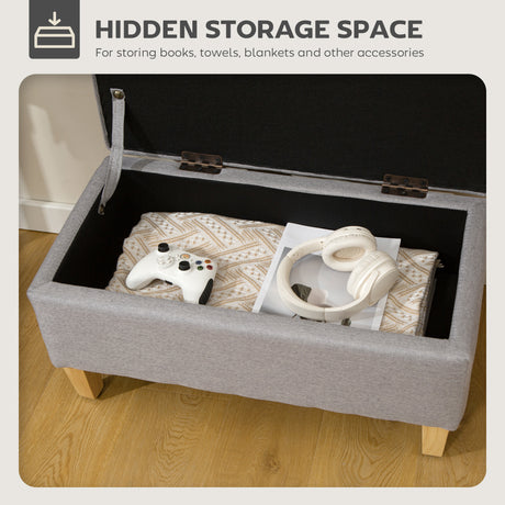Linen Fabric Storage Ottoman 71cm Wide With Rubberwood Legs - Velmora