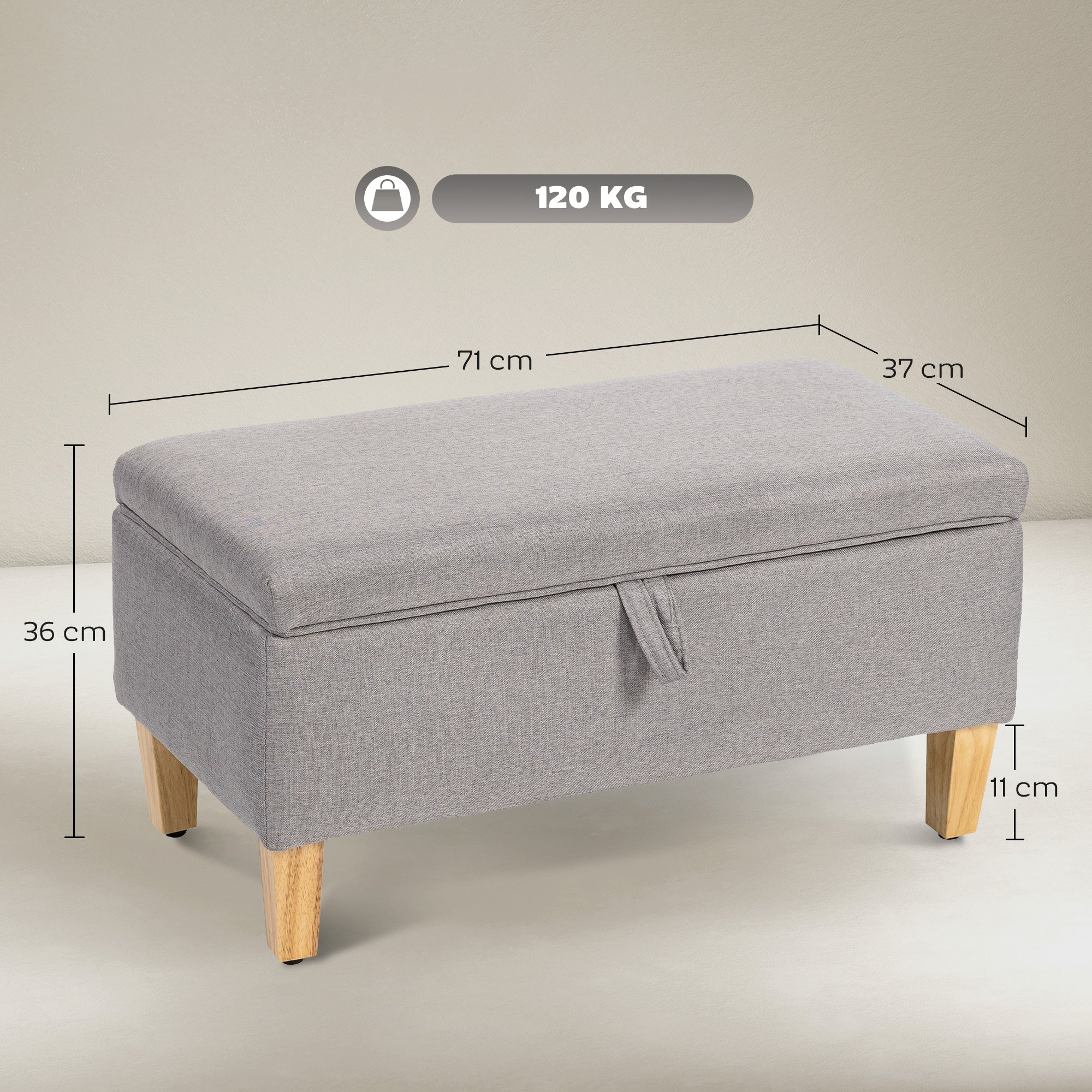 Linen Fabric Storage Ottoman 71cm Wide With Rubberwood Legs - Velmora