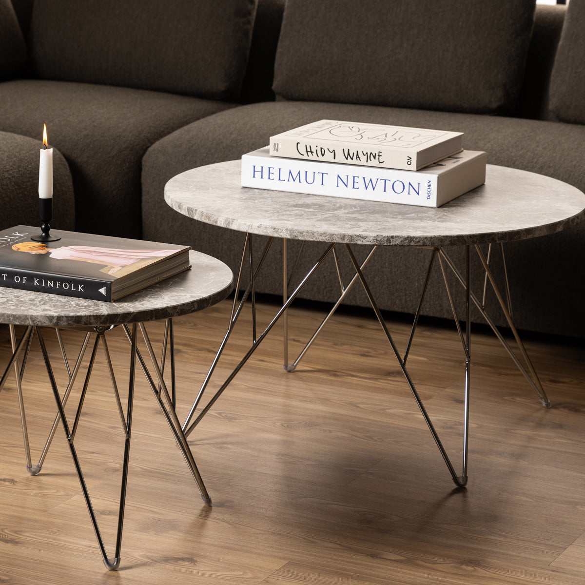 Marble Coffee Table Round With Chromed Steel Wire Base - Prunus