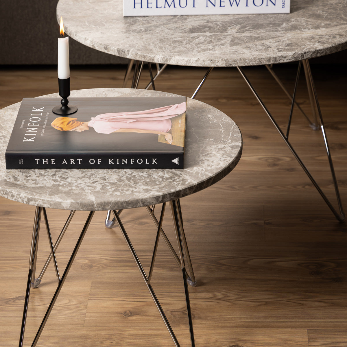 Marble Side Table Round With Chromed Steel Wire Base - Prunus