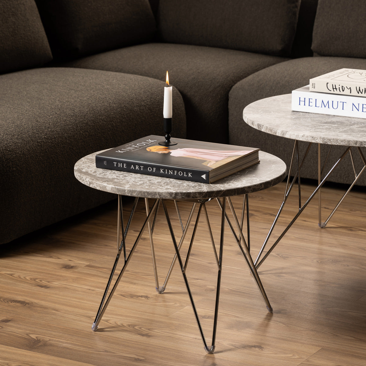 Marble Side Table Round With Chromed Steel Wire Base - Prunus