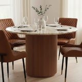 Marble Top Dining Table 100cm Wide Round With Wooden Base for 4 People - Ashford