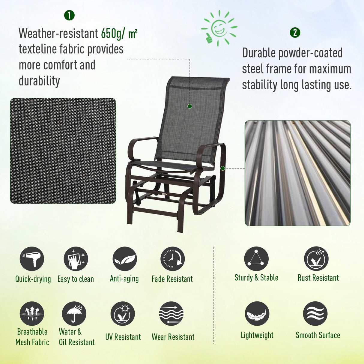 Mesh Fabric  3 Pieces Garden Gliding Chair Set With Glass Top Coffee Table - Velmora