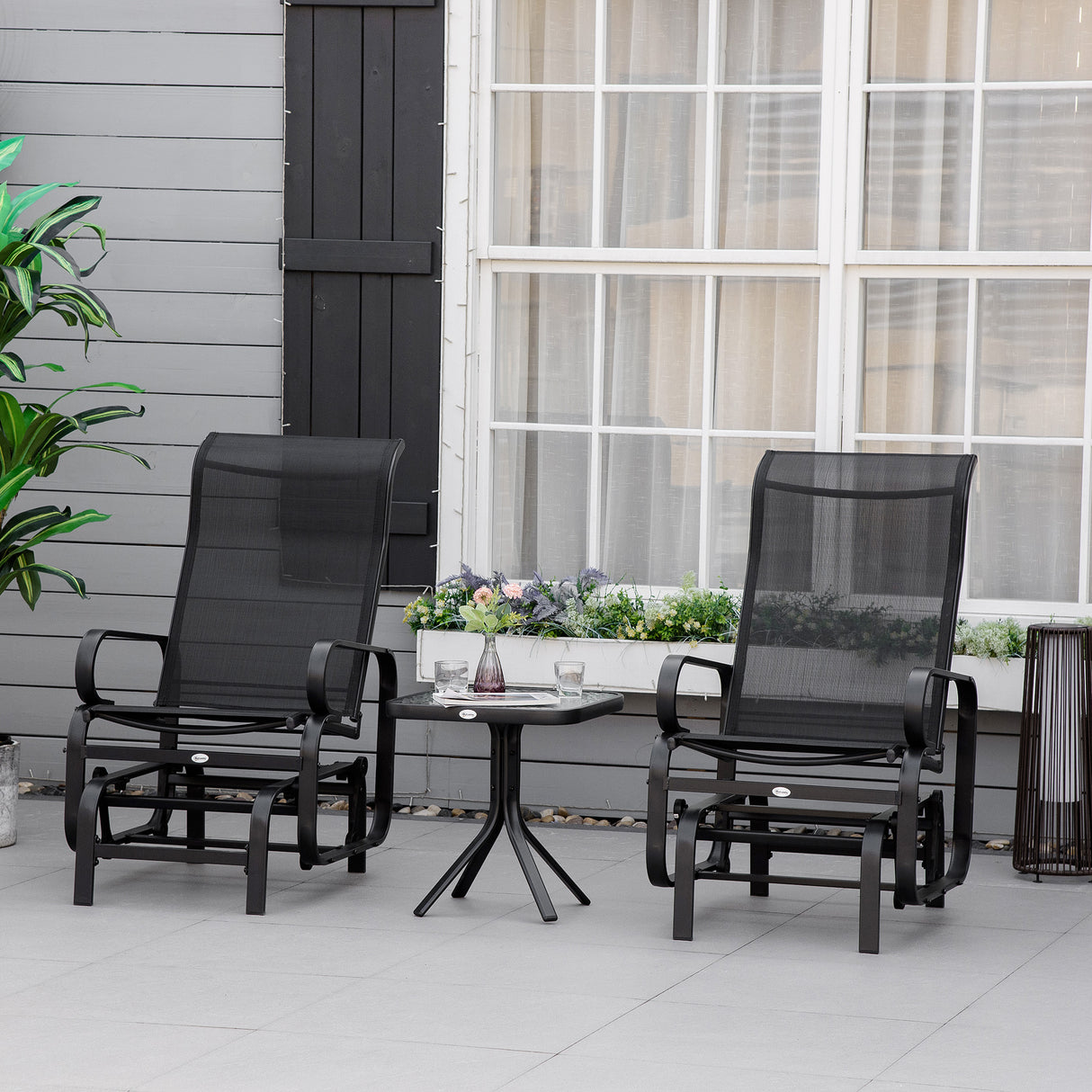 Mesh Fabric  3 Pieces Garden Gliding Chair Set With Glass Top Coffee Table - Velmora