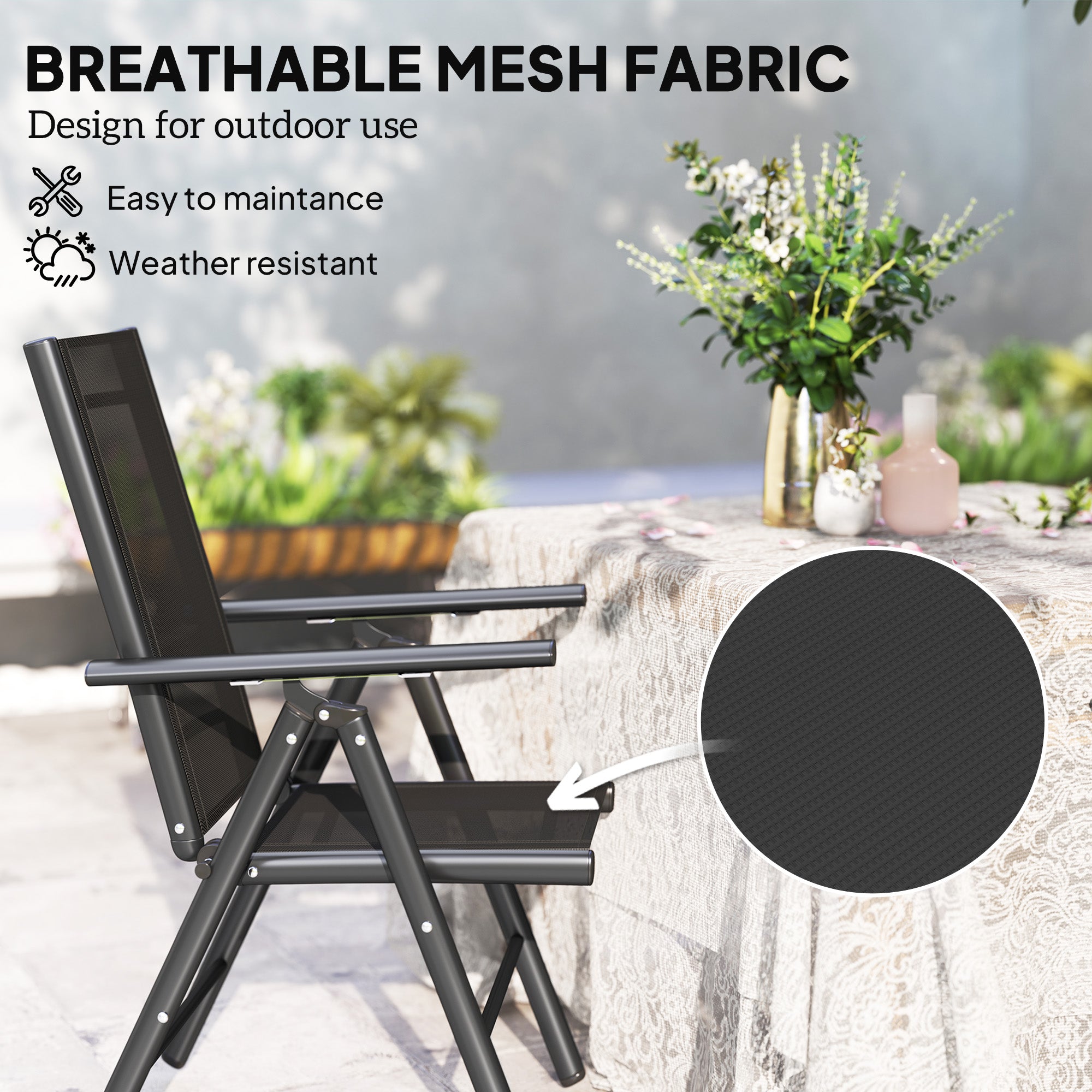 Mesh Fabric Folding Garden Chairs in Set of 2 With Armrests for Balcony - Velmora