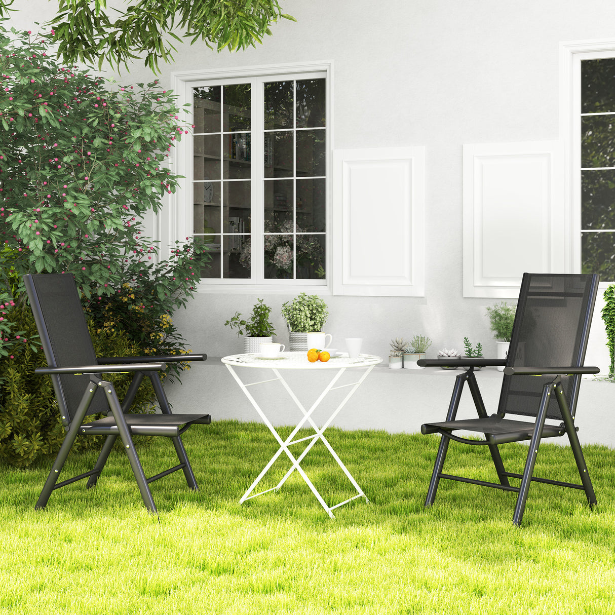 Mesh Fabric Folding Garden Chairs in Set of 2 With Armrests for Balcony - Velmora