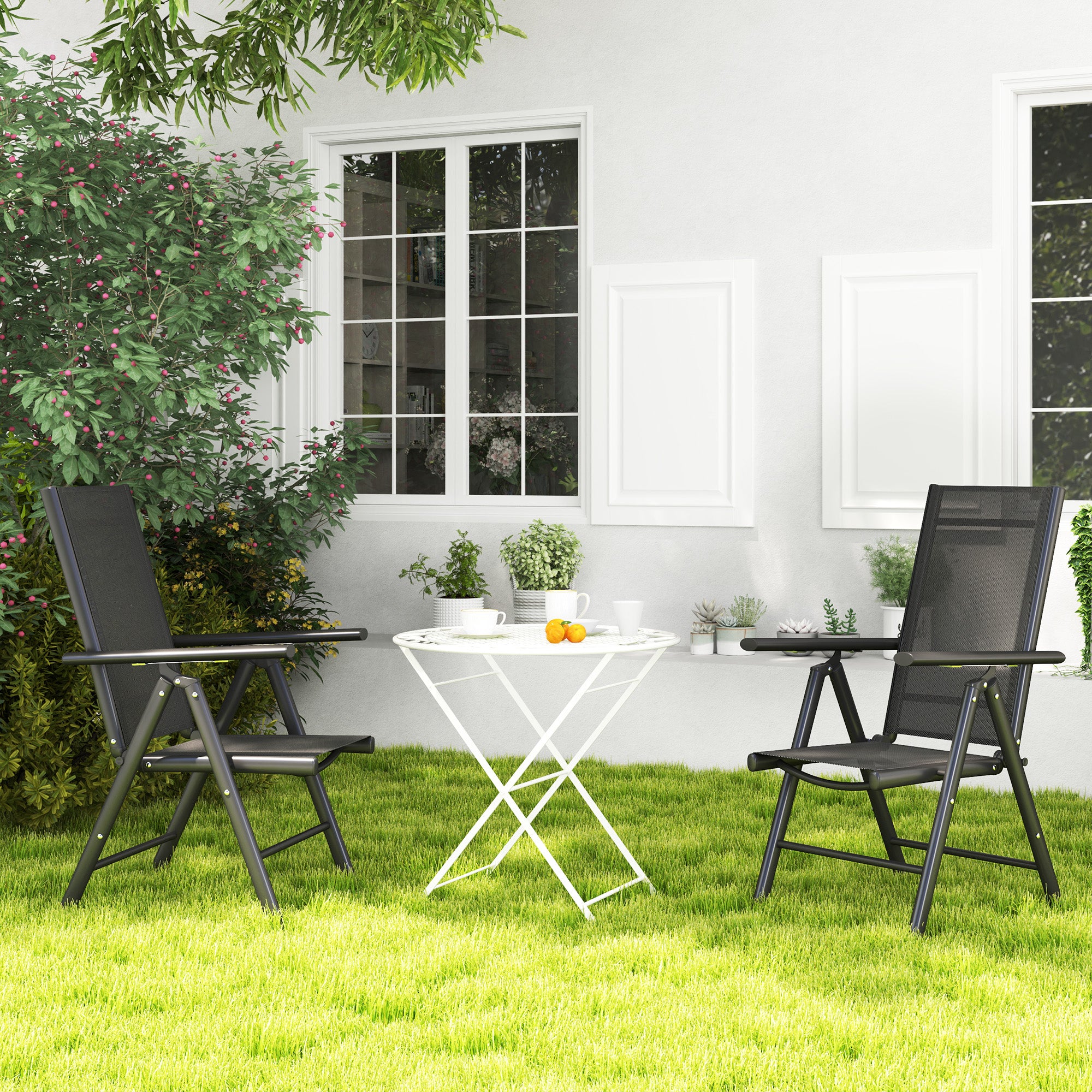Mesh Fabric Folding Garden Chairs in Set of 2 With Armrests for Balcony - Velmora