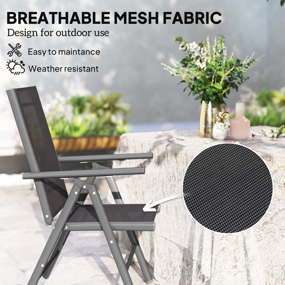 Mesh Fabric Folding Garden Chairs in Set of 2 With Armrests for Balcony - Velmora