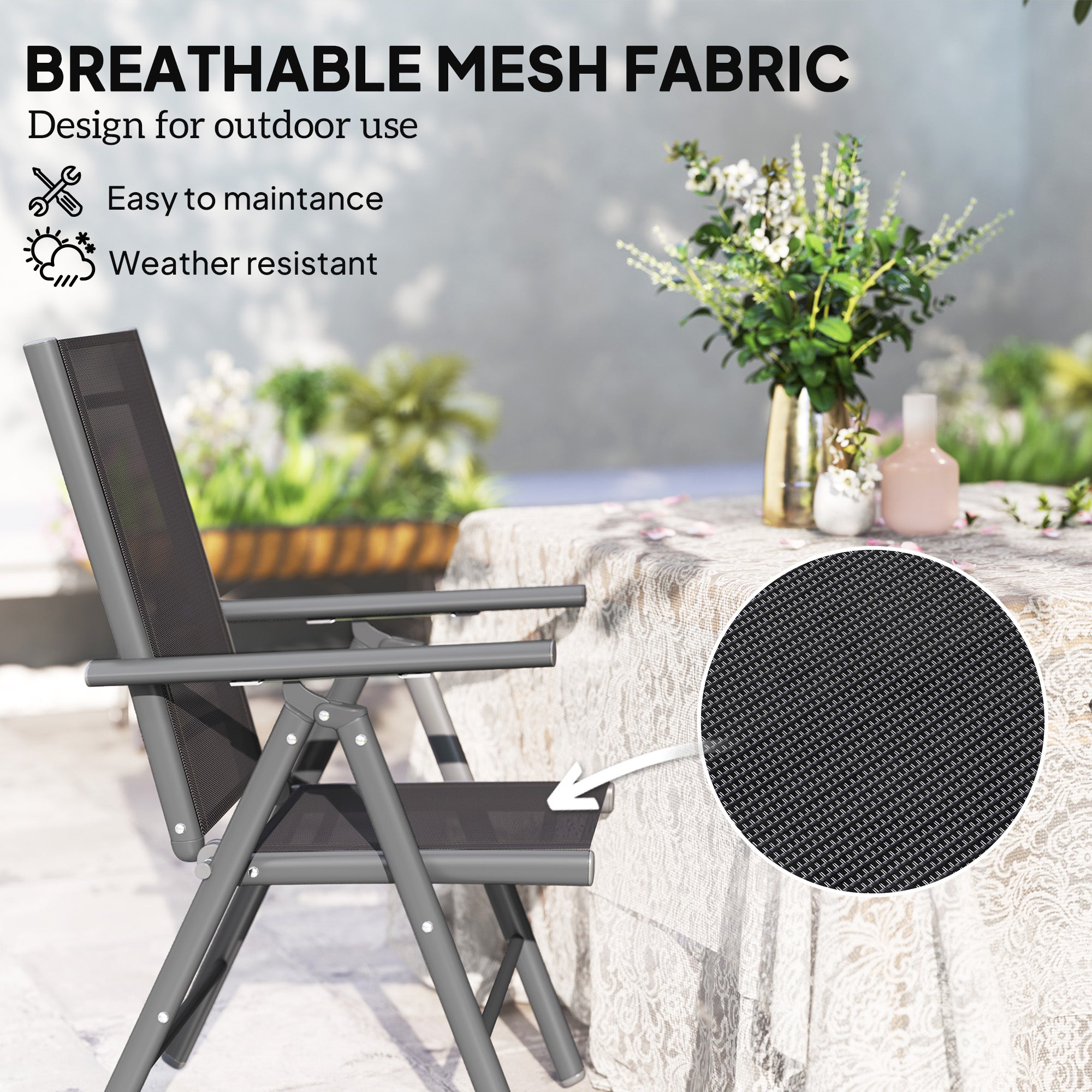 Mesh Fabric Folding Garden Chairs in Set of 2 With Armrests for Balcony - Velmora