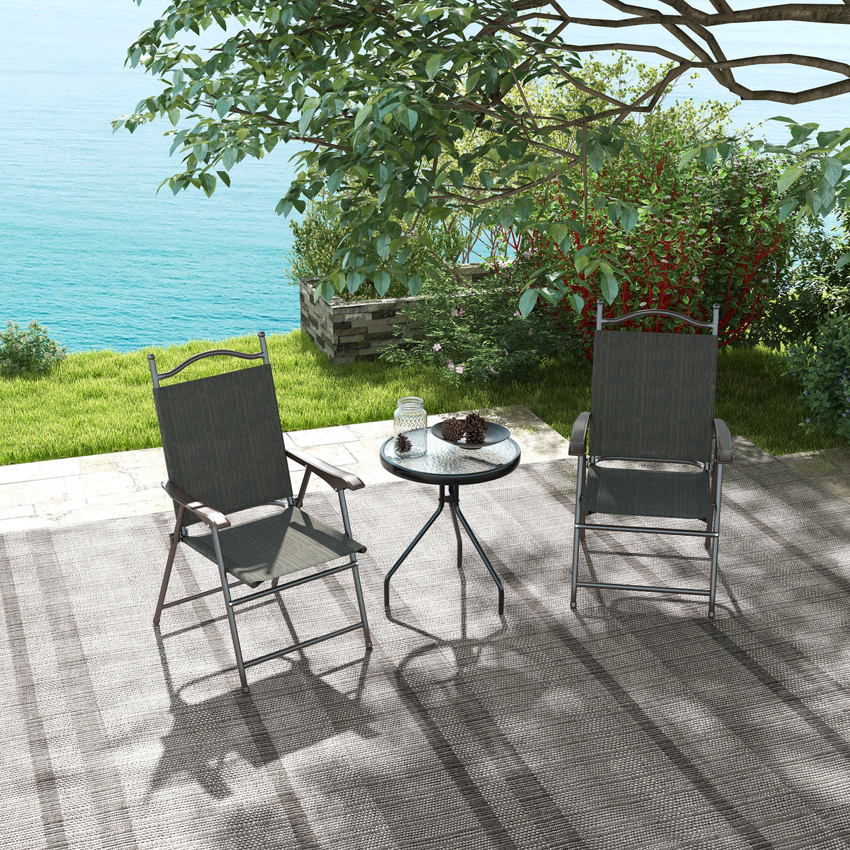 Mesh Fabric Folding Garden Chairs in Set of 2 Metal Frame - Velmora