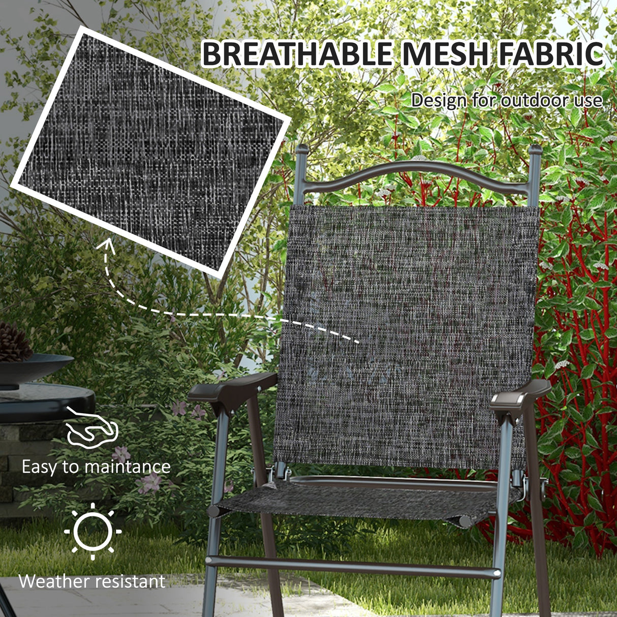 Mesh Fabric Folding Garden Chairs in Set of 2 Metal Frame - Velmora