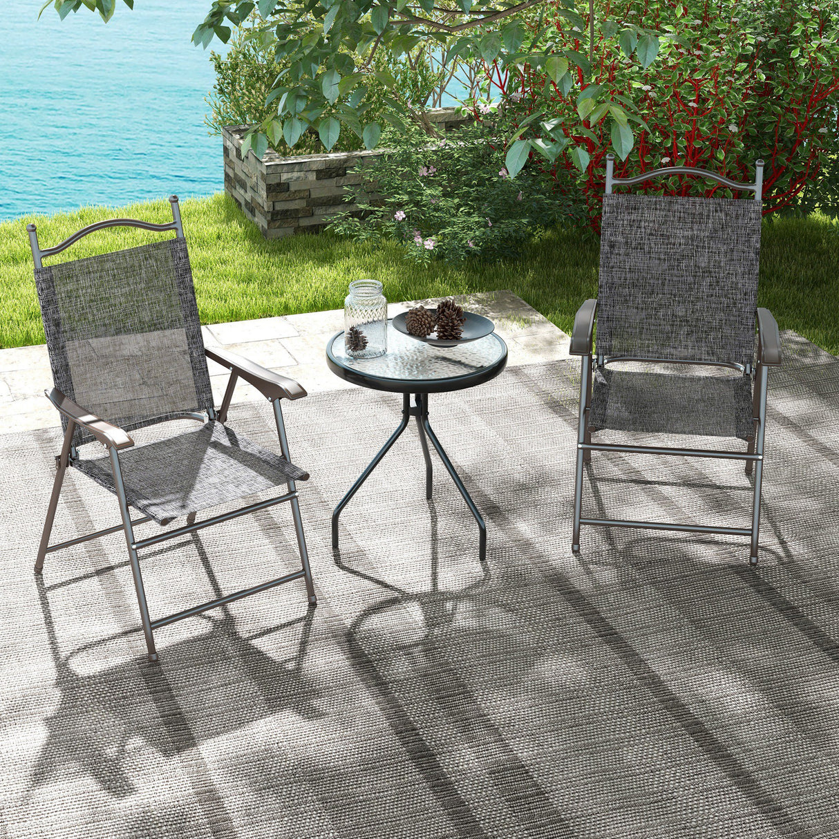 Mesh Fabric Folding Garden Chairs in Set of 2 Metal Frame - Velmora
