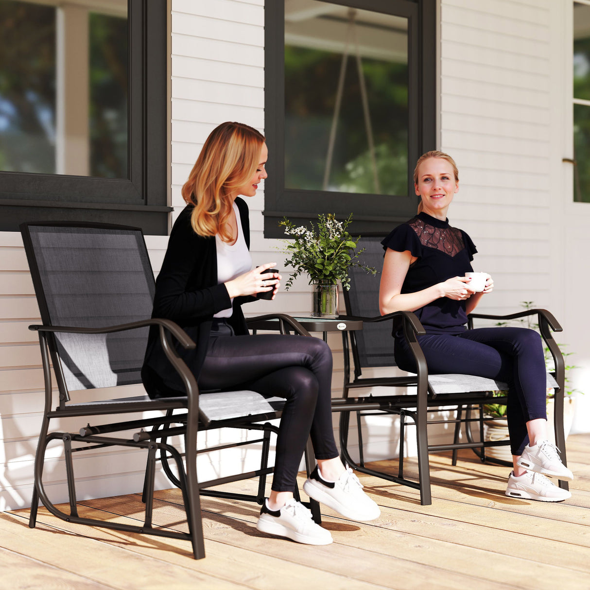 Mesh Fabric Gliding 2 Seater Garden Chair With Glass-Top Table - Velmora