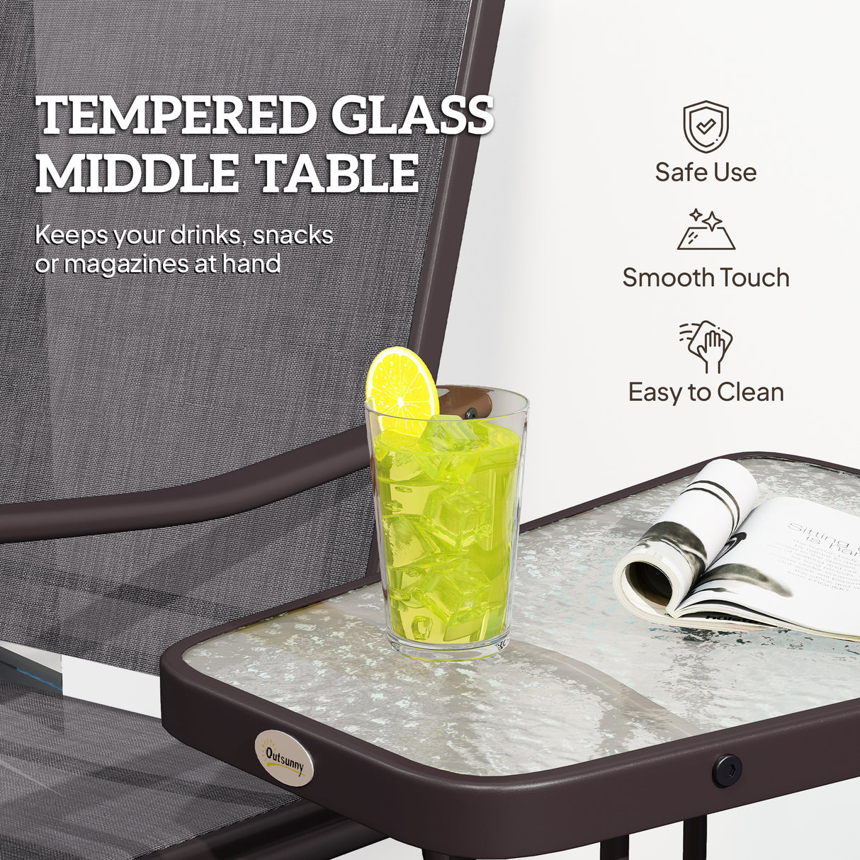 Mesh Fabric Gliding 2 Seater Garden Chair With Glass-Top Table - Velmora