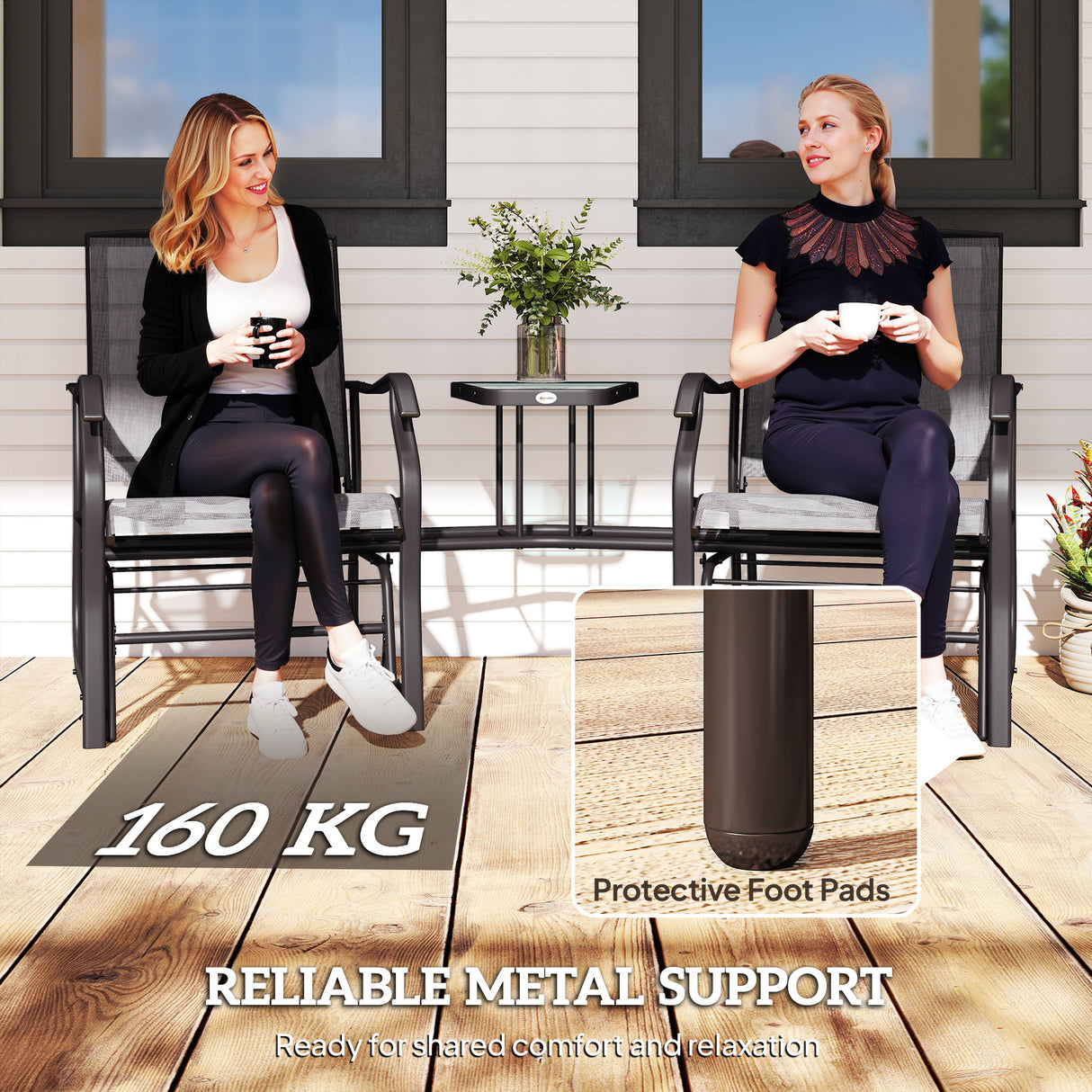 Mesh Fabric Gliding 2 Seater Garden Chair With Glass-Top Table - Velmora