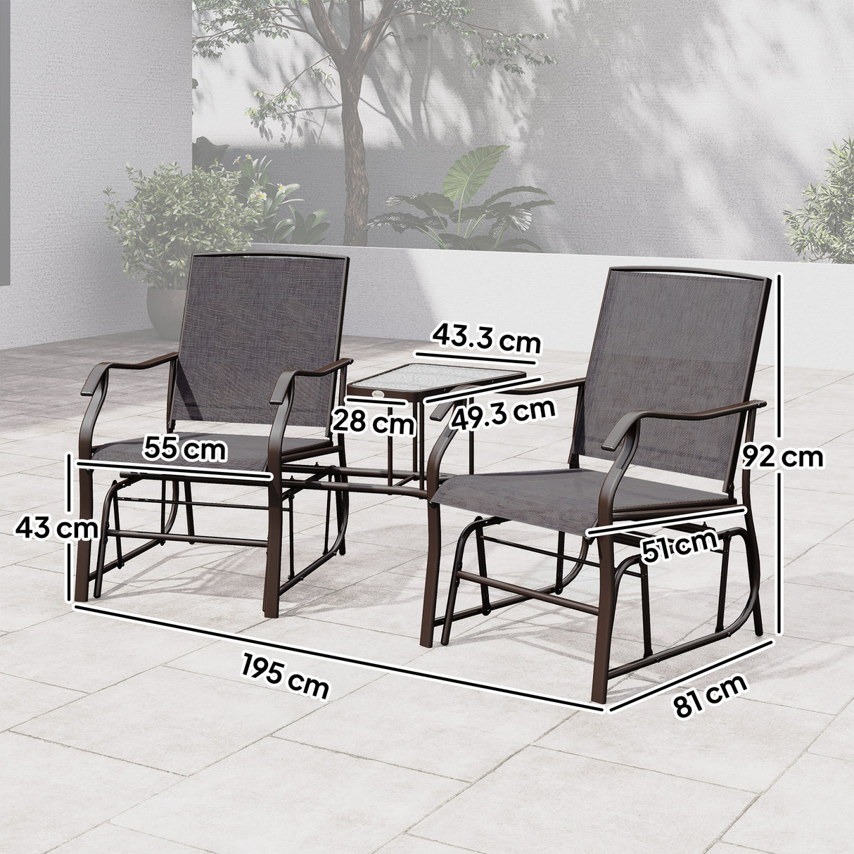 Mesh Fabric Gliding 2 Seater Garden Chair With Glass-Top Table - Velmora