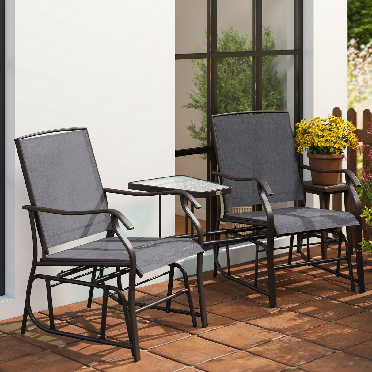 Mesh Fabric Gliding 2 Seater Garden Chair With Glass-Top Table - Velmora