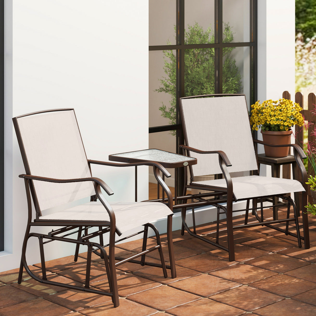 Mesh Fabric Gliding 2 Seater Garden Chair With Glass-Top Table - Velmora