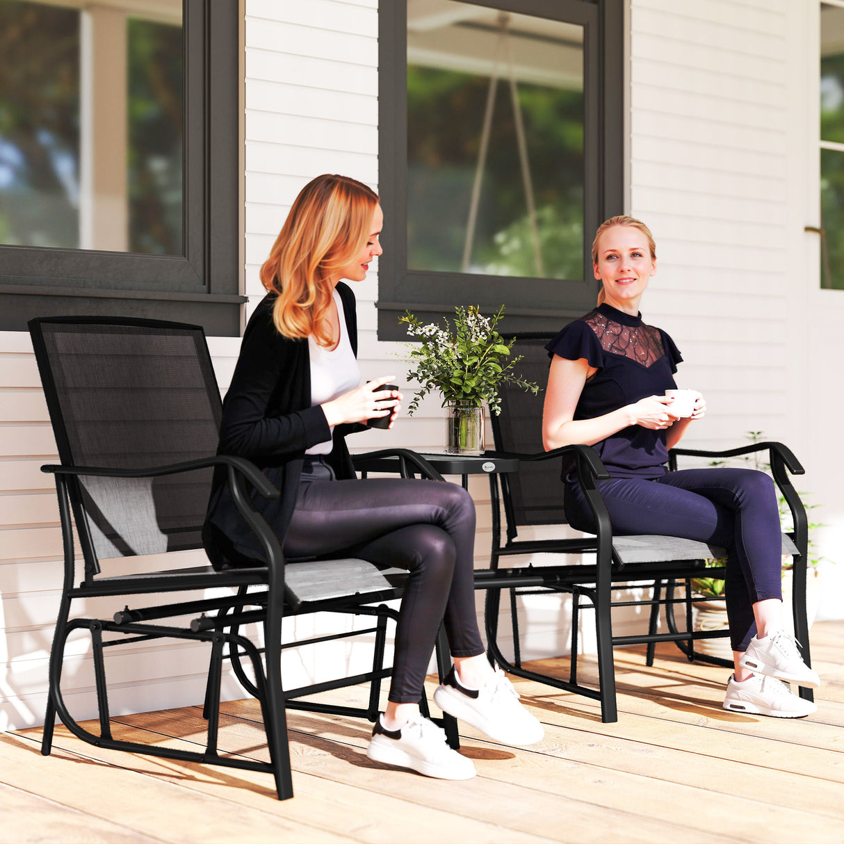 Mesh Fabric Gliding 2 Seater Garden Chair With Glass-Top Table - Velmora