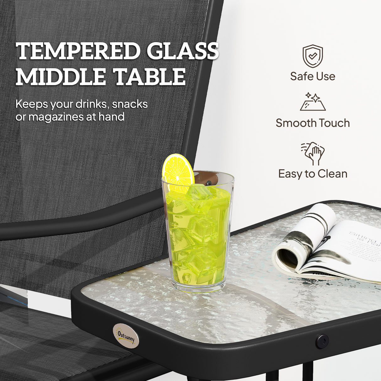 Mesh Fabric Gliding 2 Seater Garden Chair With Glass-Top Table - Velmora