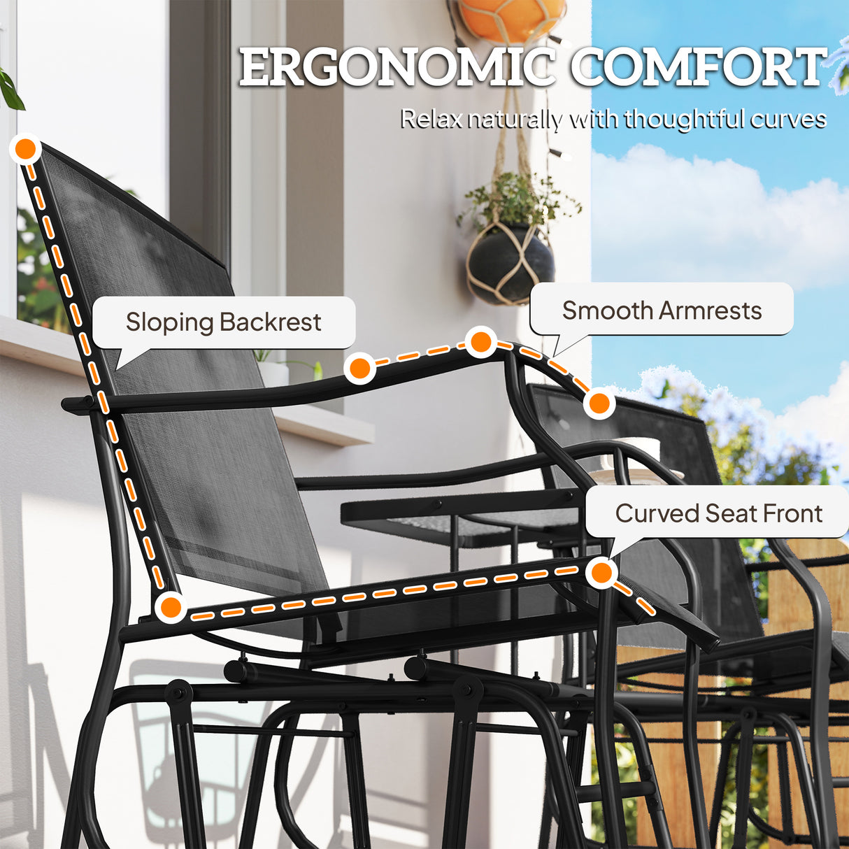 Mesh Fabric Gliding 2 Seater Garden Chair With Glass-Top Table - Velmora