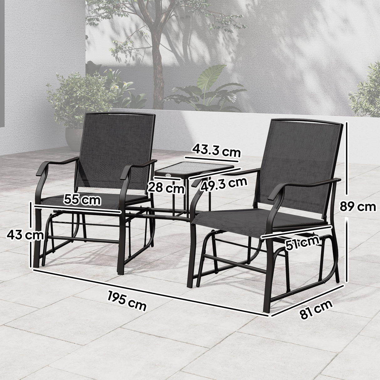 Mesh Fabric Gliding 2 Seater Garden Chair With Glass-Top Table - Velmora